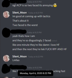 A conversation with an ACP moderator, obviously blacked out to protect them.