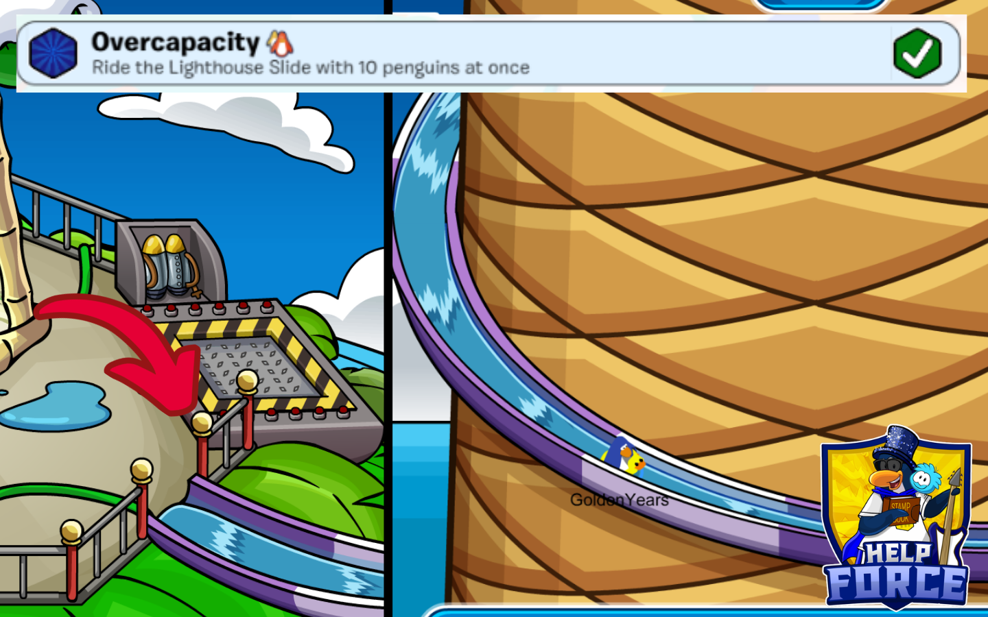 Overcapacity Lighthouse slide quest with 10 penguins