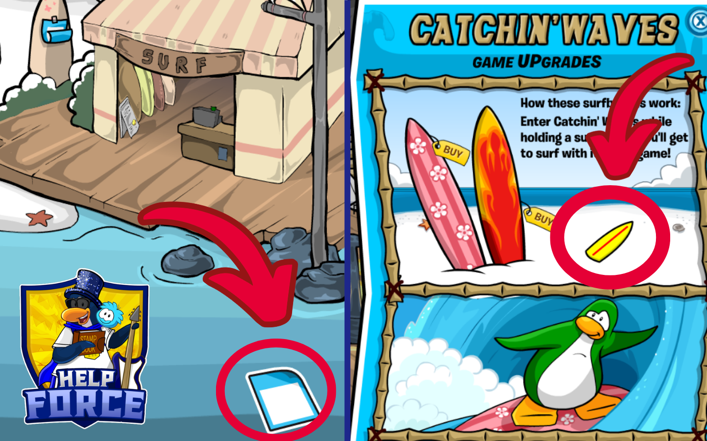 Surfboard Pin location in the Cove Game Upgrades Catalogue