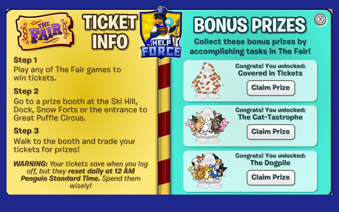 Club Penguin Journey Food Fair 2026 bonus prizes including Covered in Tickets, Cat-Tastrophe and Dogpile