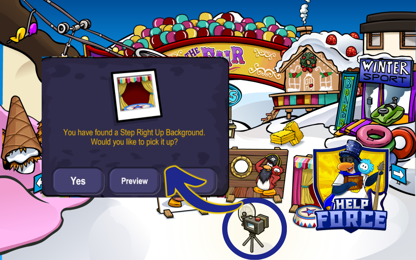 Club Penguin Journey Food Fair 2026 Step Right Up Background at Ski Village