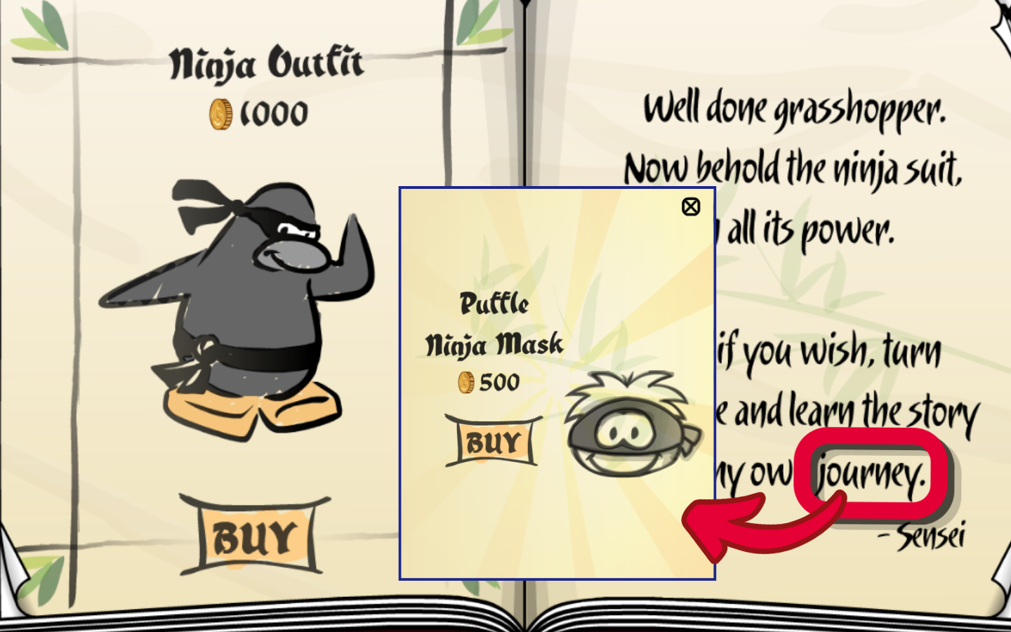 Puffle Ninja Mask secret location in the Club Penguin Journey Martial Artworks Catalog