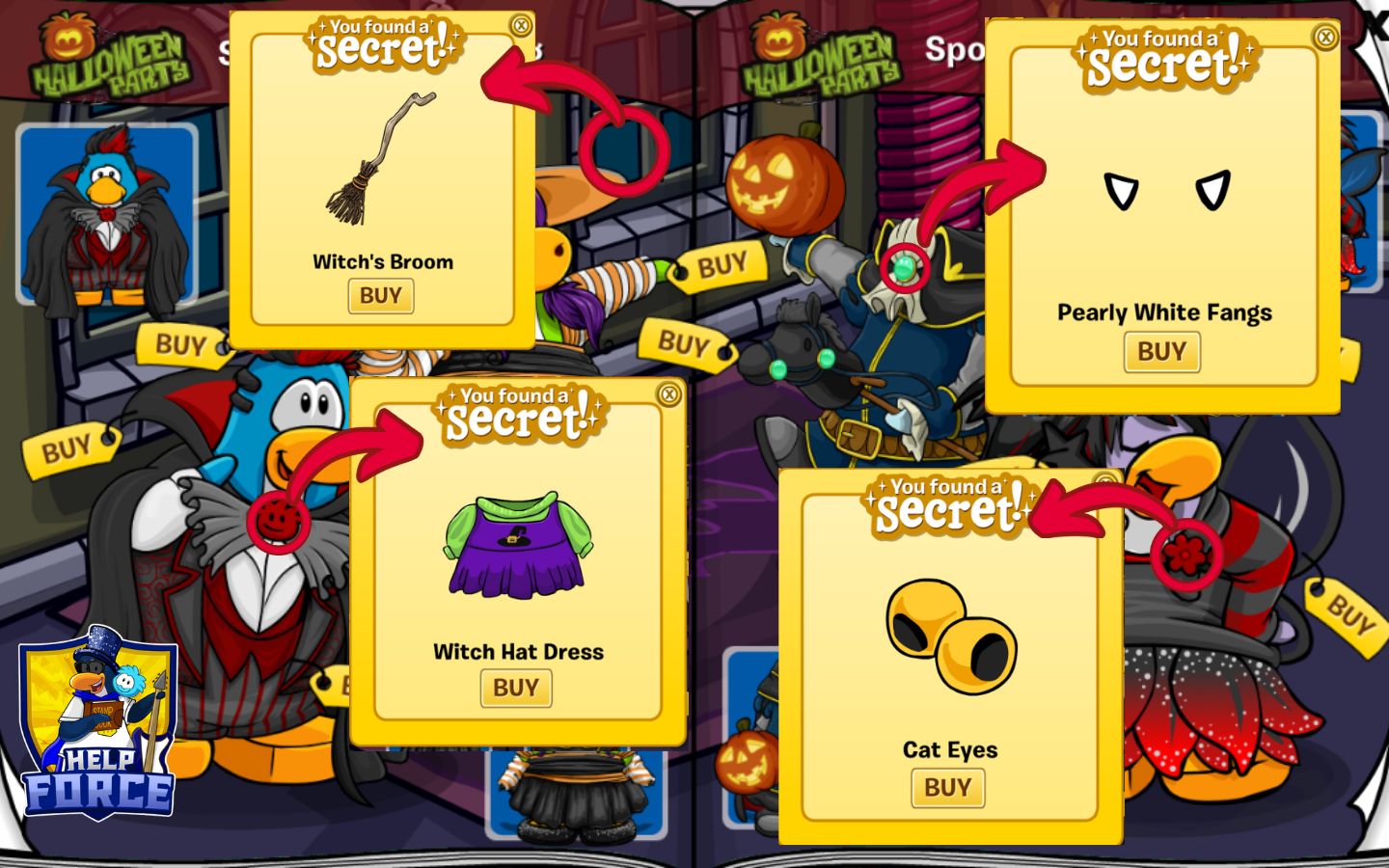 Spooky Spellcasting pages 9 and 10: Witch Hat Dress, Witch’s Broom, Cat Eyes and Pearly White Fangs secret locations