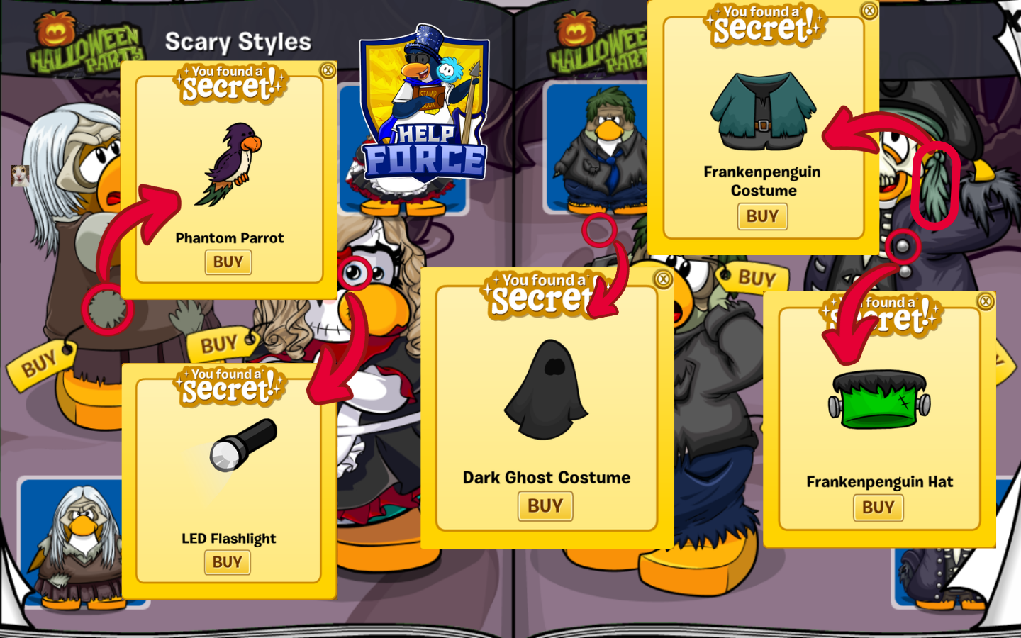 Scary Styles pages 15 and 16: Phantom Parrot, LED Flashlight, Dark Ghost and Frankenpenguin secrets