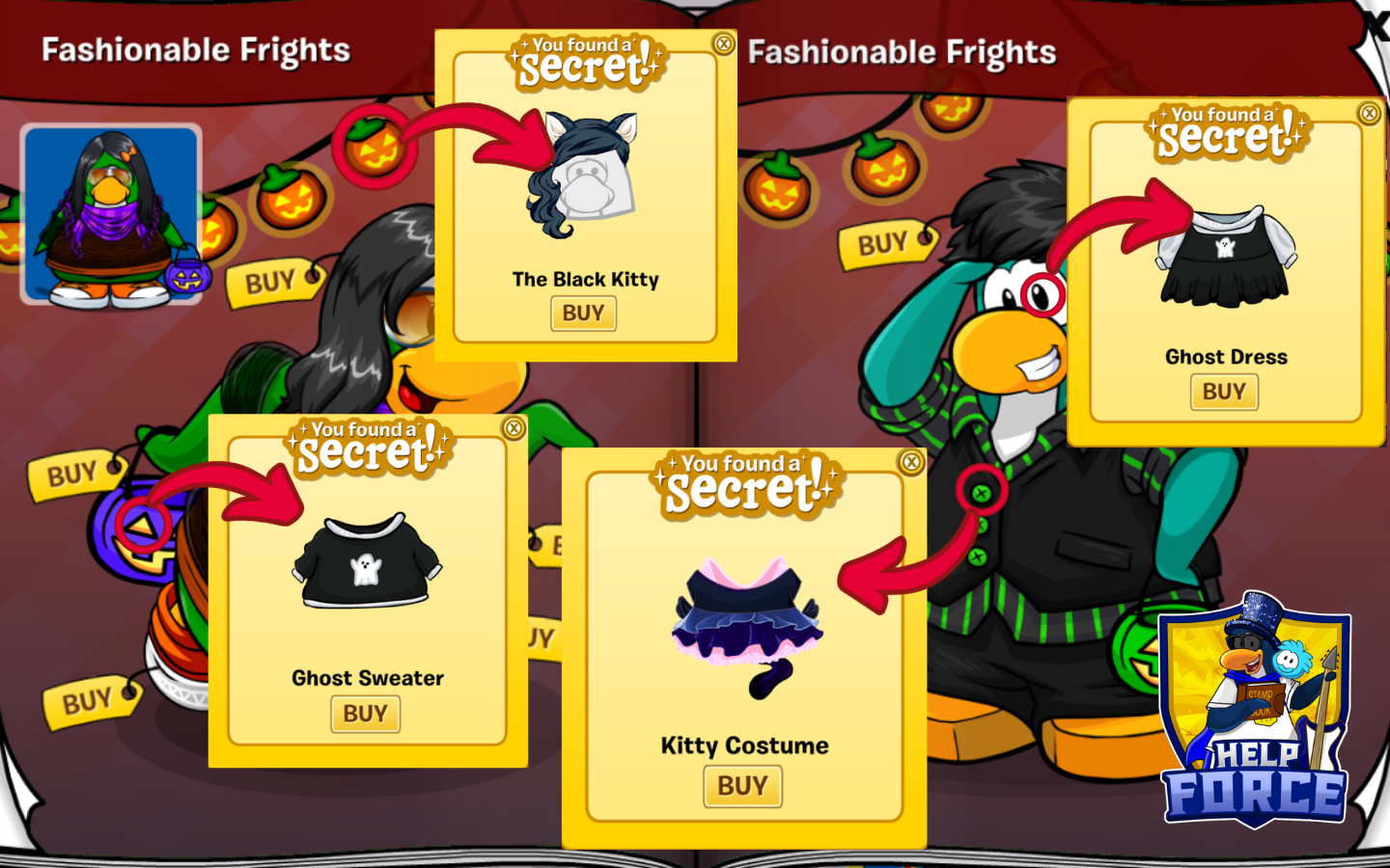 Fashionable Frights pages 17 and 18: Ghost Sweater, The Black Kitty, Kitty Costume and Ghost Dress secret locations