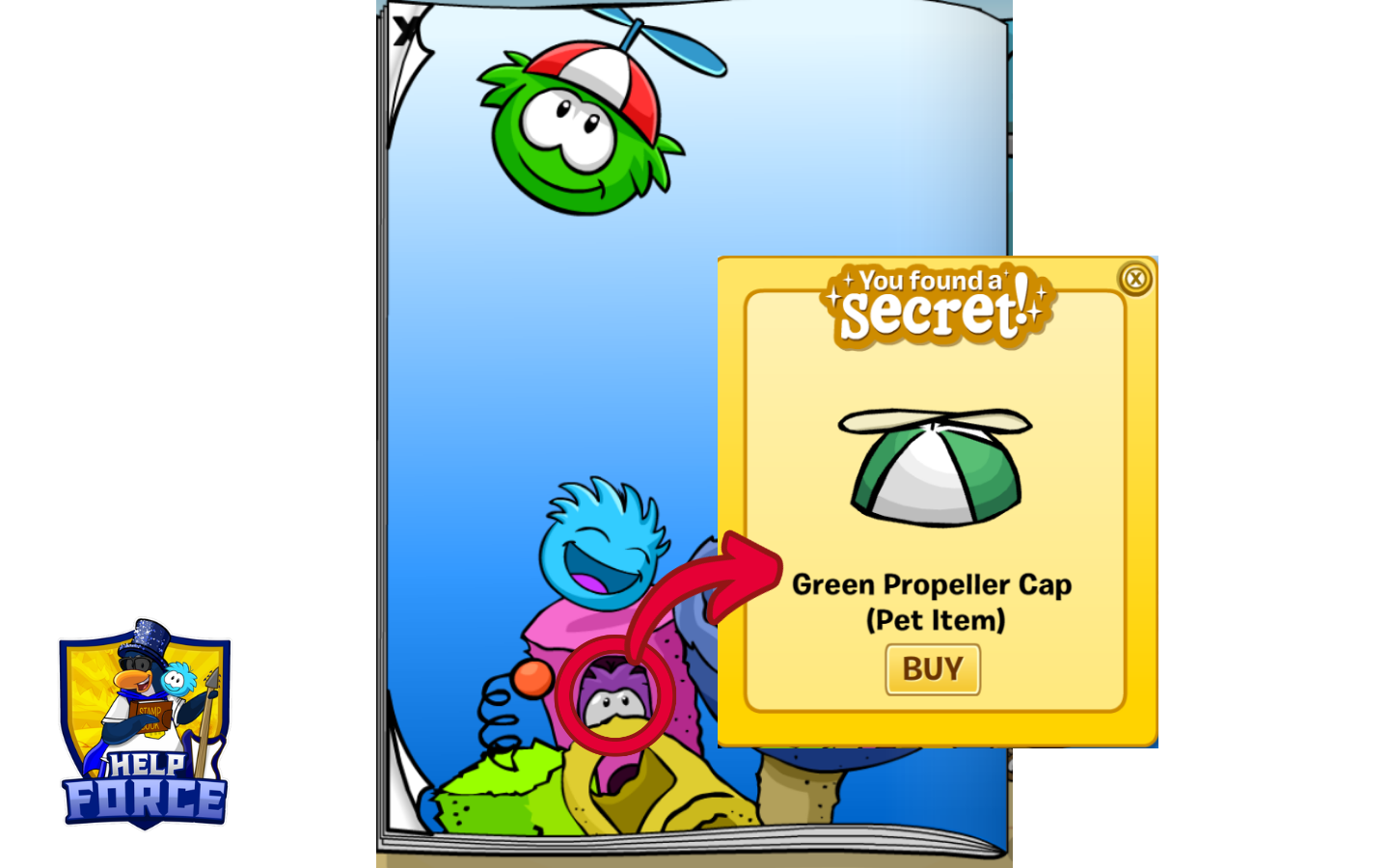 Green Propeller Cap secret location on the Club Penguin Journey Pet Furniture Catalog back cover