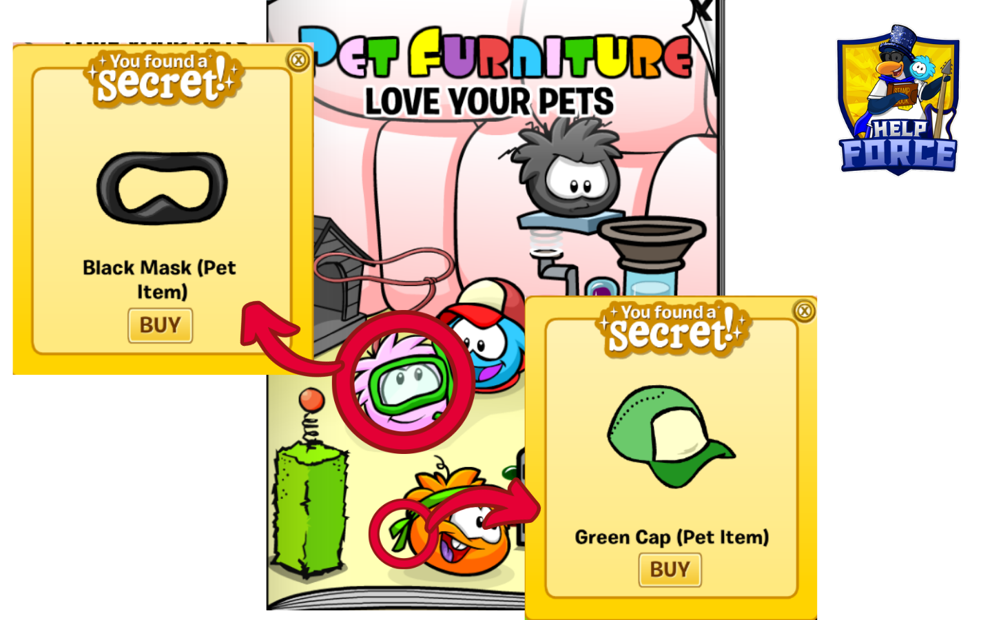 Black Mask and Green Cap secret locations in the Club Penguin Journey October 2026 Pet Furniture Catalog