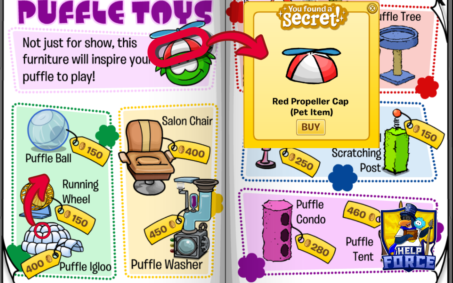 Red Propeller Cap secret location on the Puffle Toys pages in Club Penguin Journey