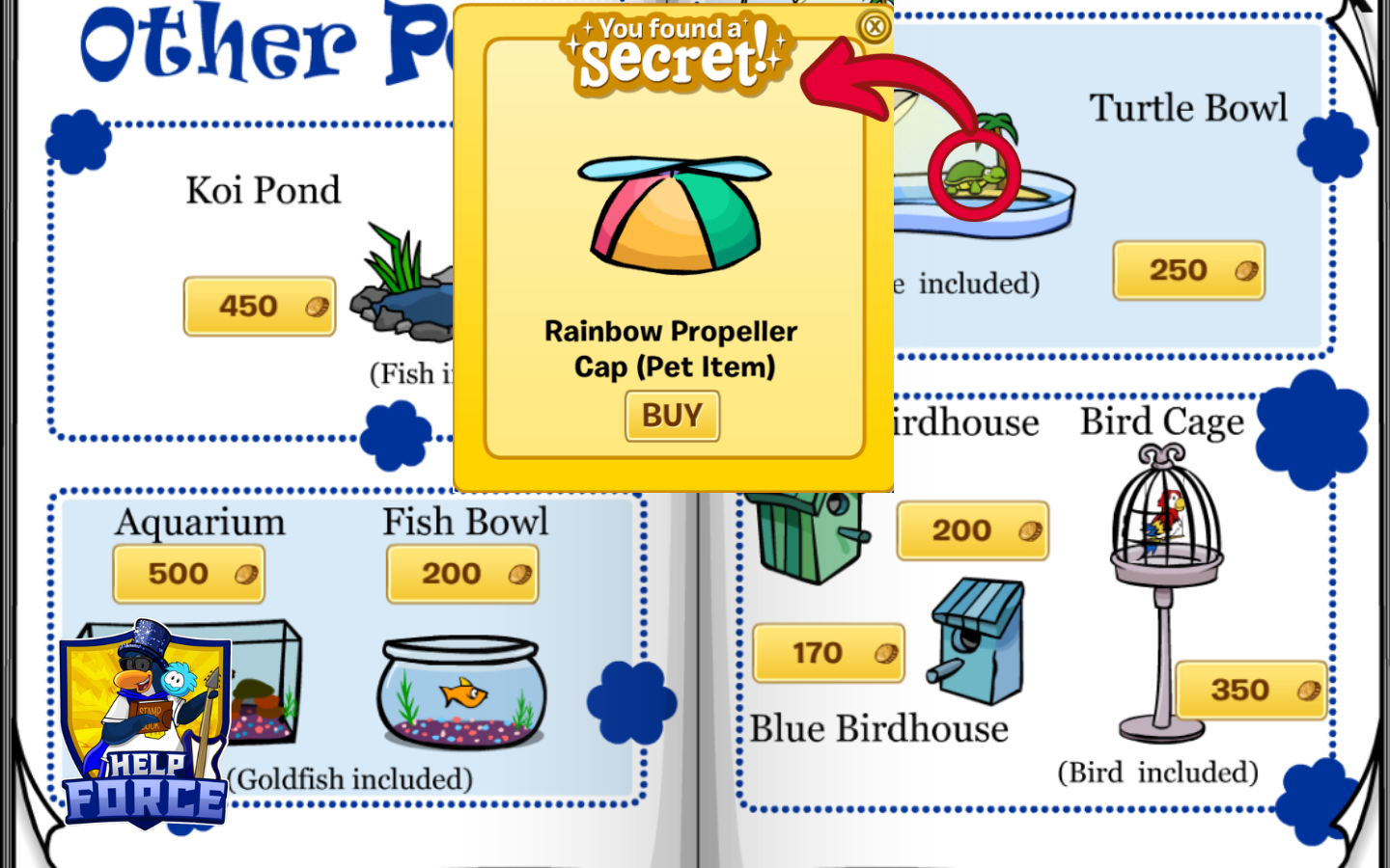 Rainbow Propeller Cap secret location on the Other Pets pages in Club Penguin Journey