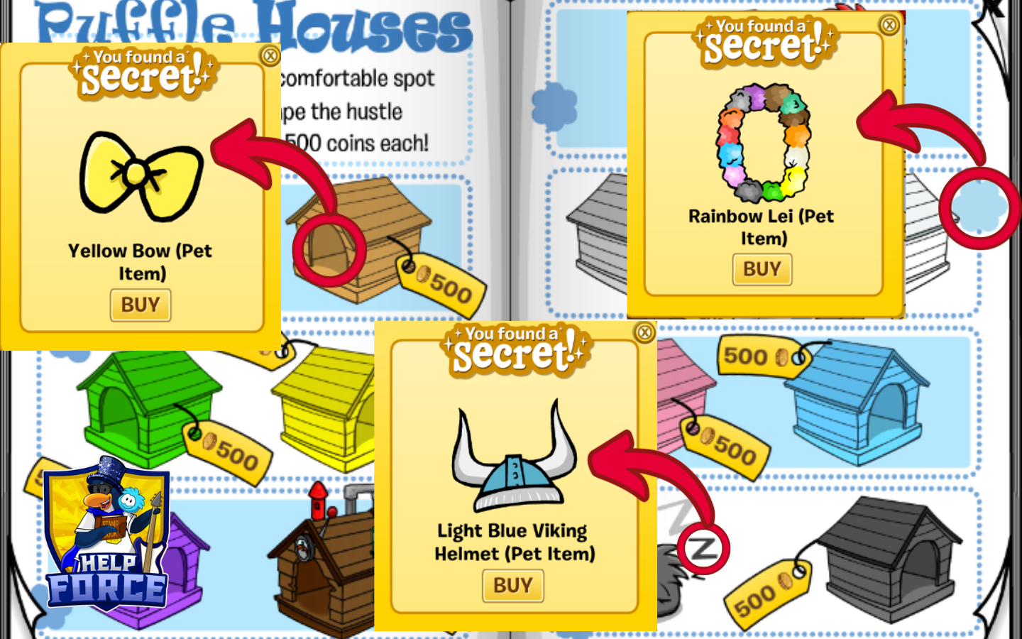 Yellow Bow Rainbow Lei and Light Blue Viking Helmet secret locations in the Club Penguin Journey Pet Furniture Catalog