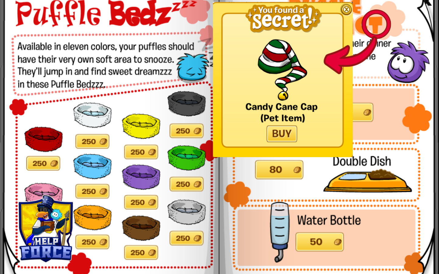 Candy Cane Cap secret location on the Puffle Bedzzz and Feeding pages in Club Penguin Journey