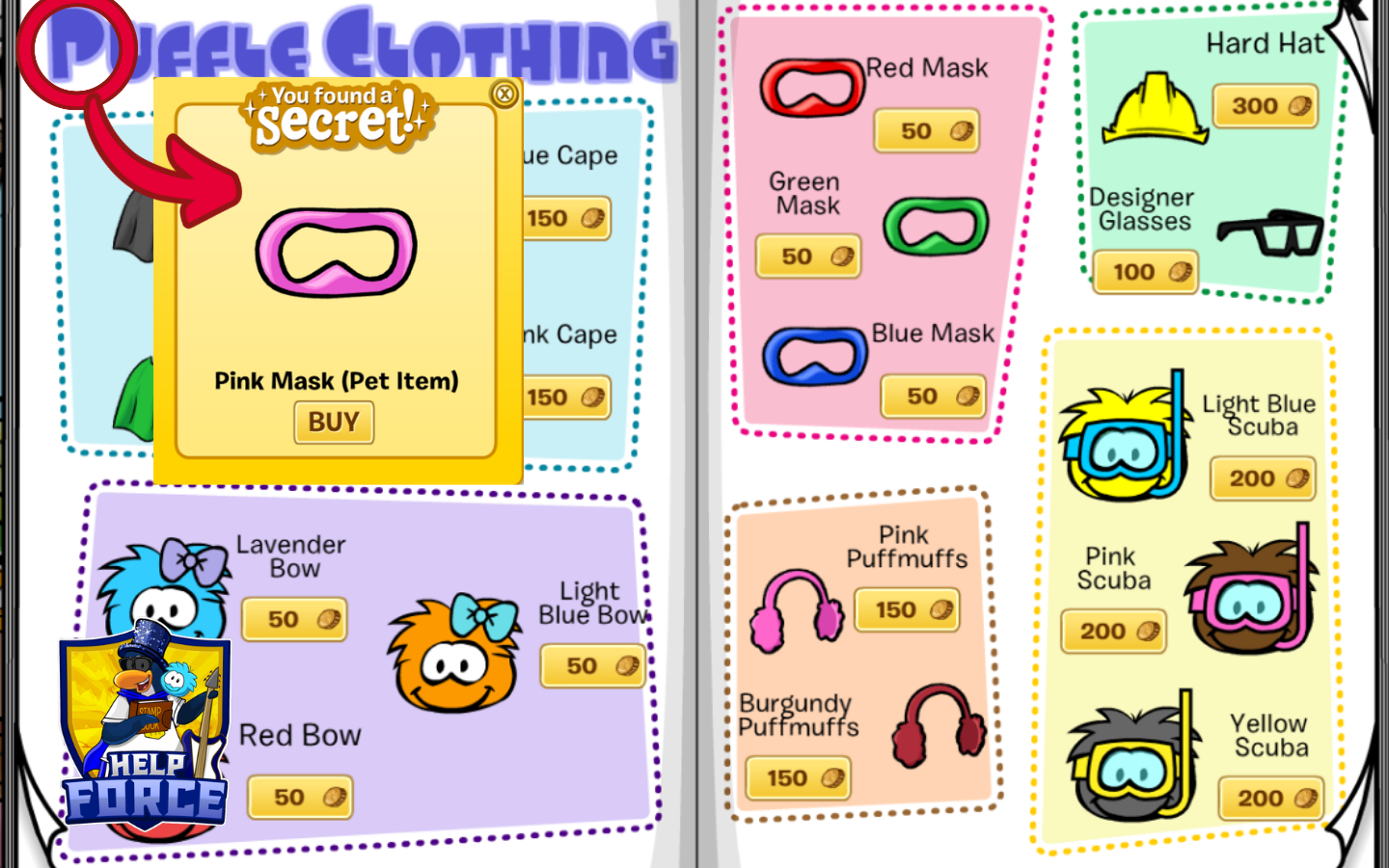 Pink Mask secret location on the Puffle Clothing pages in Club Penguin Journey