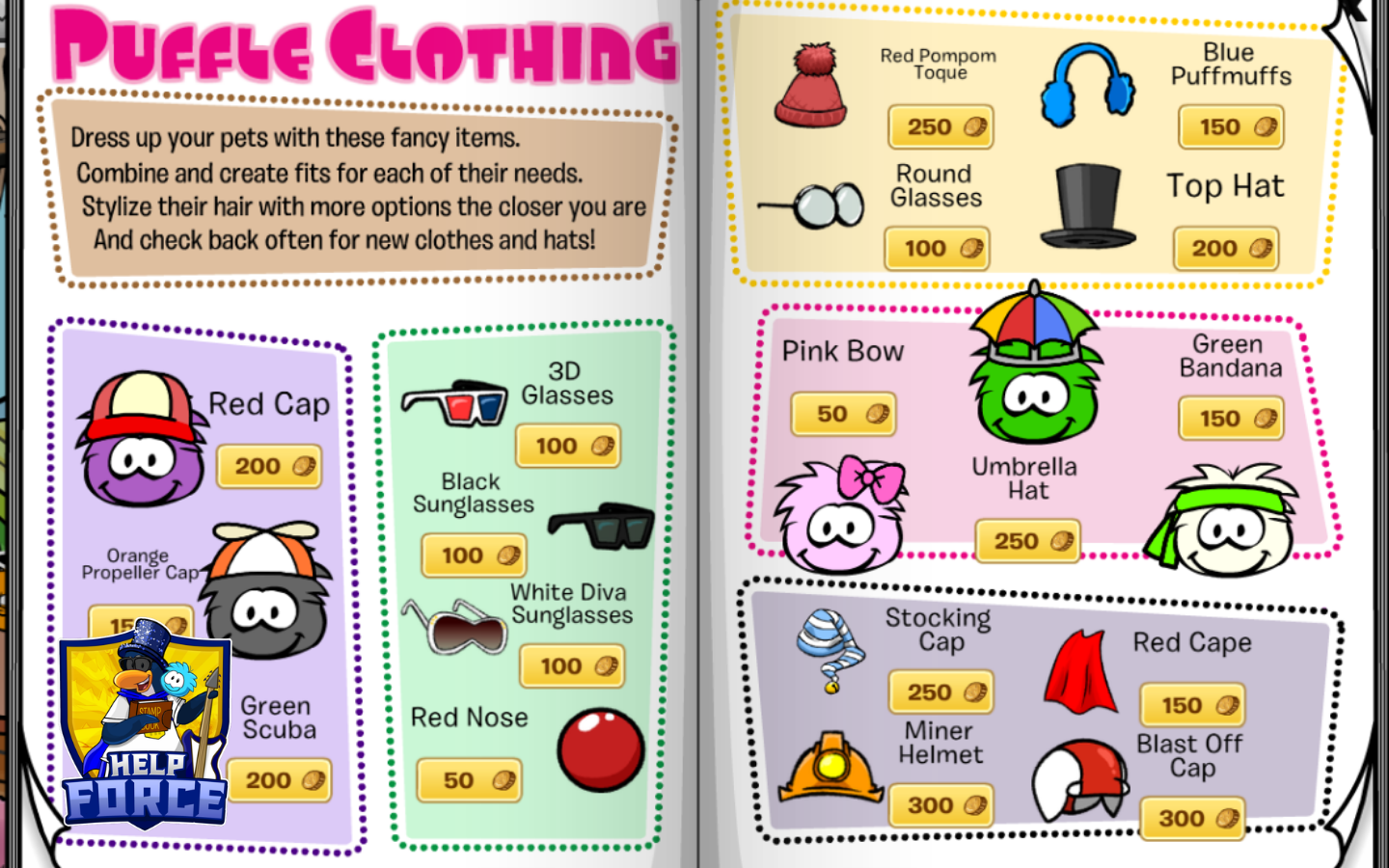 Puffle Clothing pages 7 and 8 in the Club Penguin Journey October 2026 Pet Furniture Catalog
