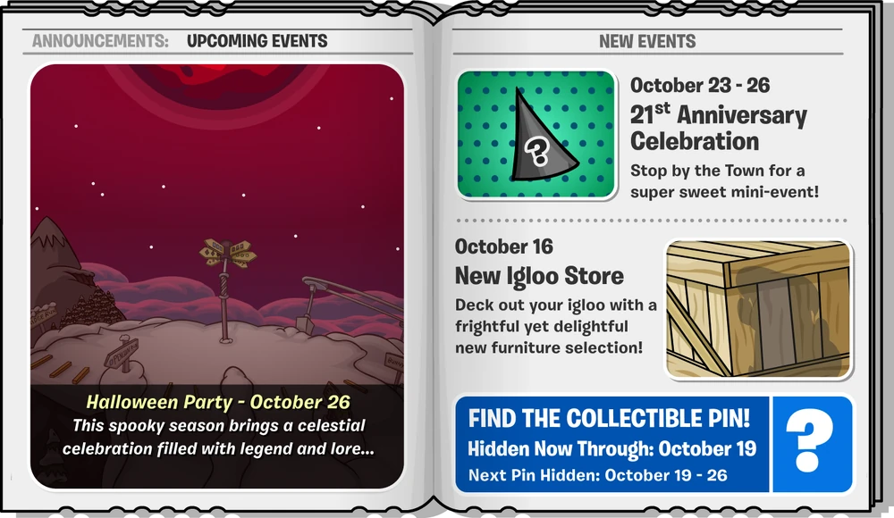 Club Penguin Times Issue 93 page 10 showing upcoming October 2026 events in Club Penguin Journey
