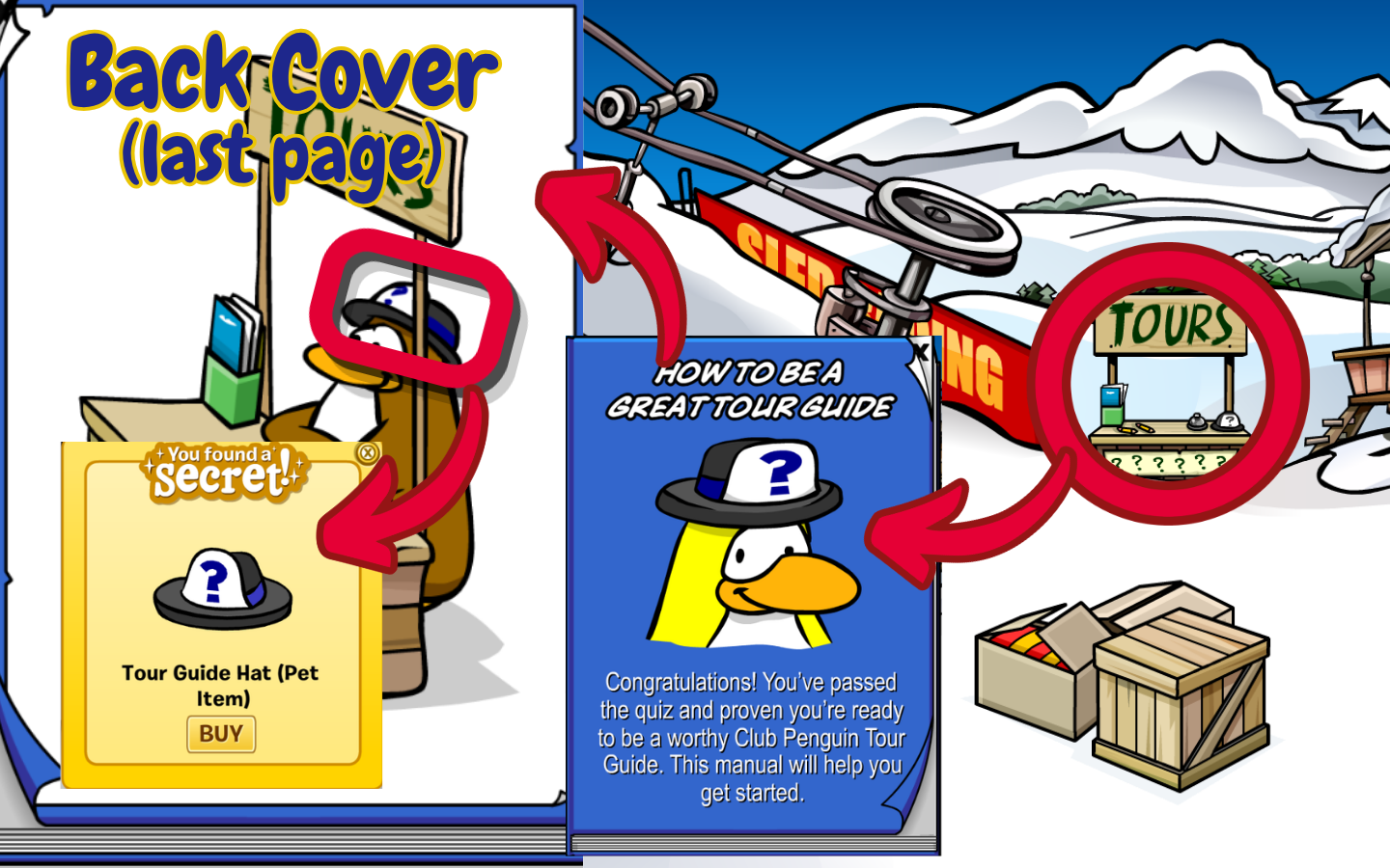 Puffle Tour Guide Hat location on the back cover of the Club Penguin Journey Tour Guide Book