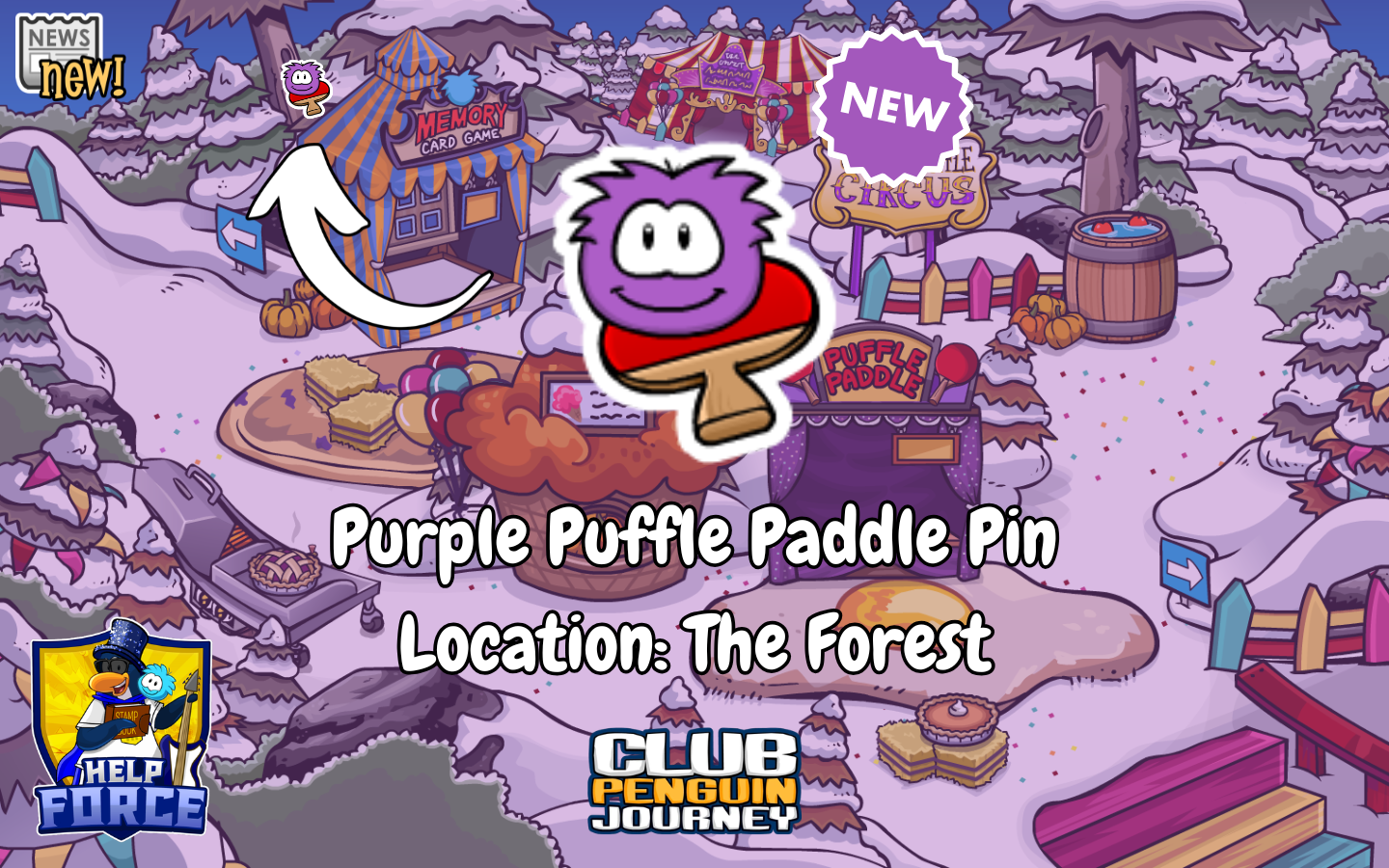 Purple Puffle Paddle Pin on a tree above the Puffle Card Memory booth in the Club Penguin Journey Forest