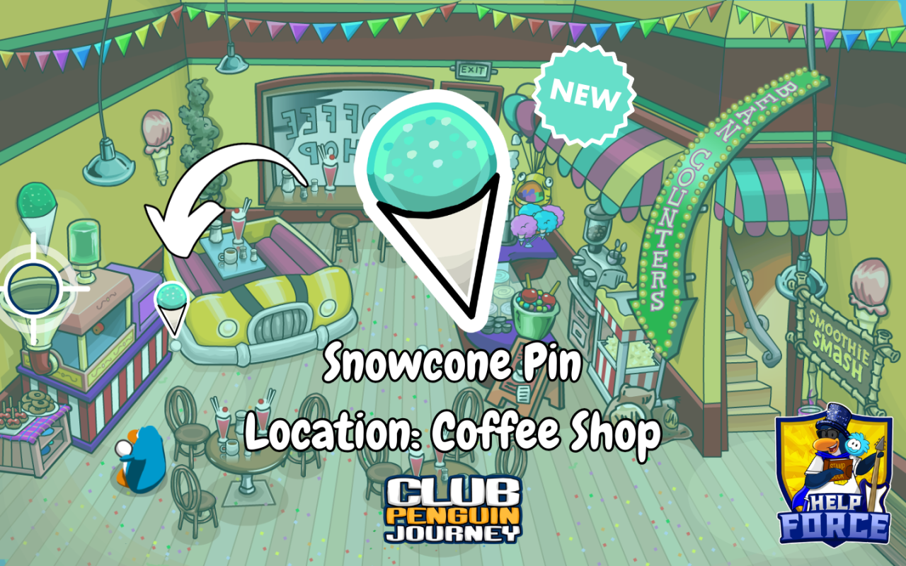 Club Penguin Journey Snowcone Pin location in the Coffee Shop